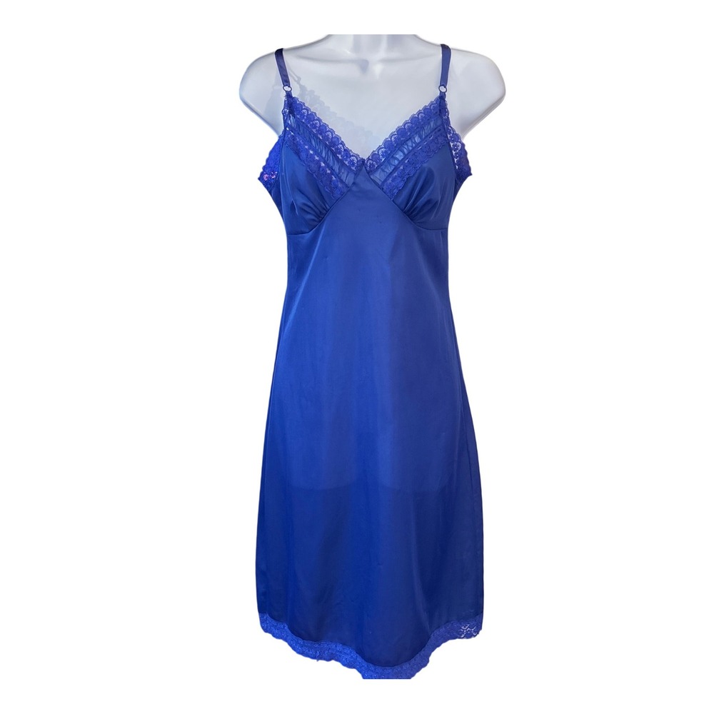 70s Rosalie Full Slip Nightgown Dress Royal Blue Lace Trim Coquette Regencycore